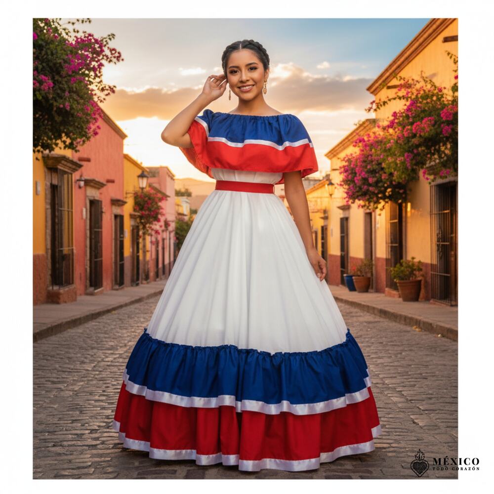 Traditional Mexican Red white and blue  Dress Set – Handmade Two-Piece